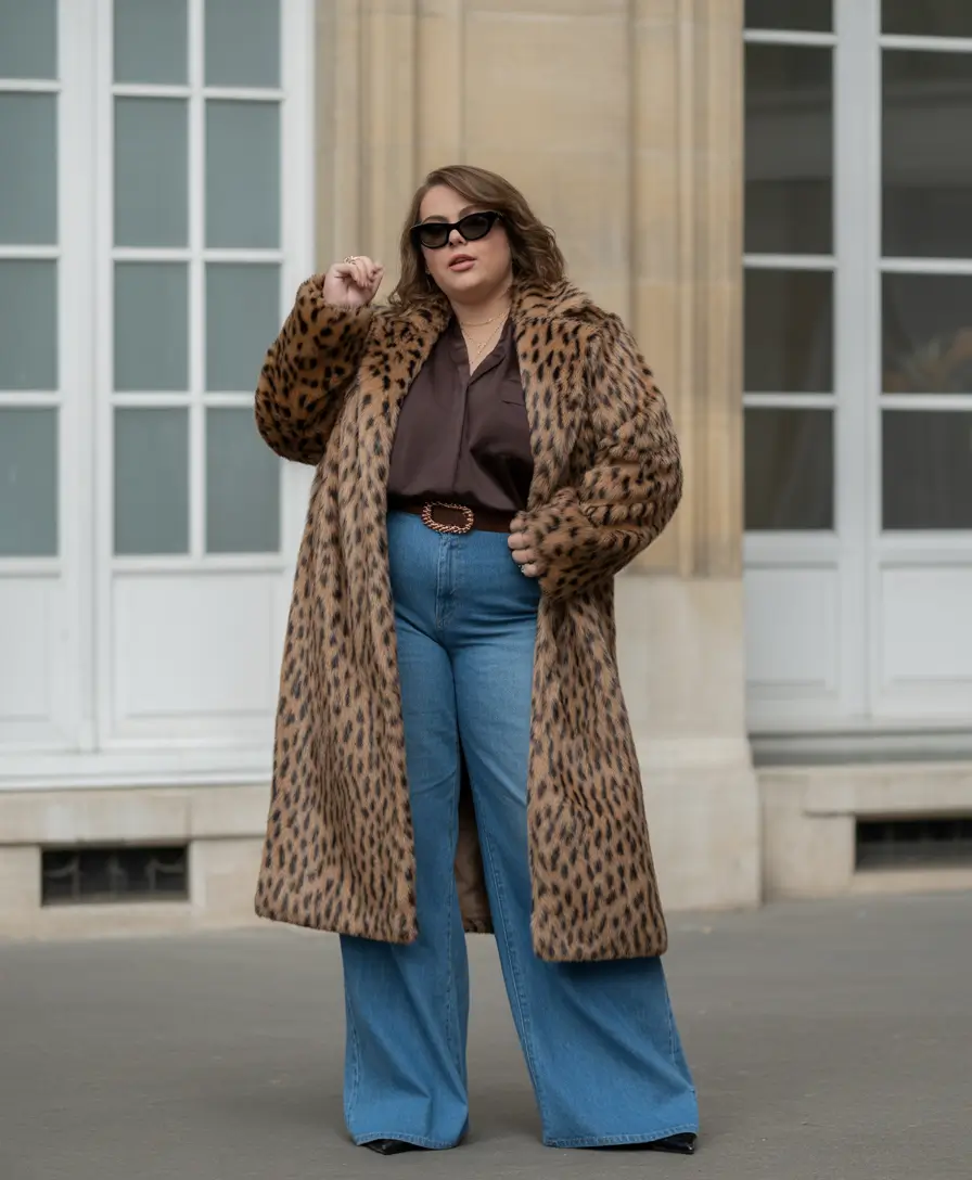 curvy winter outfits plus size leopard coat retro