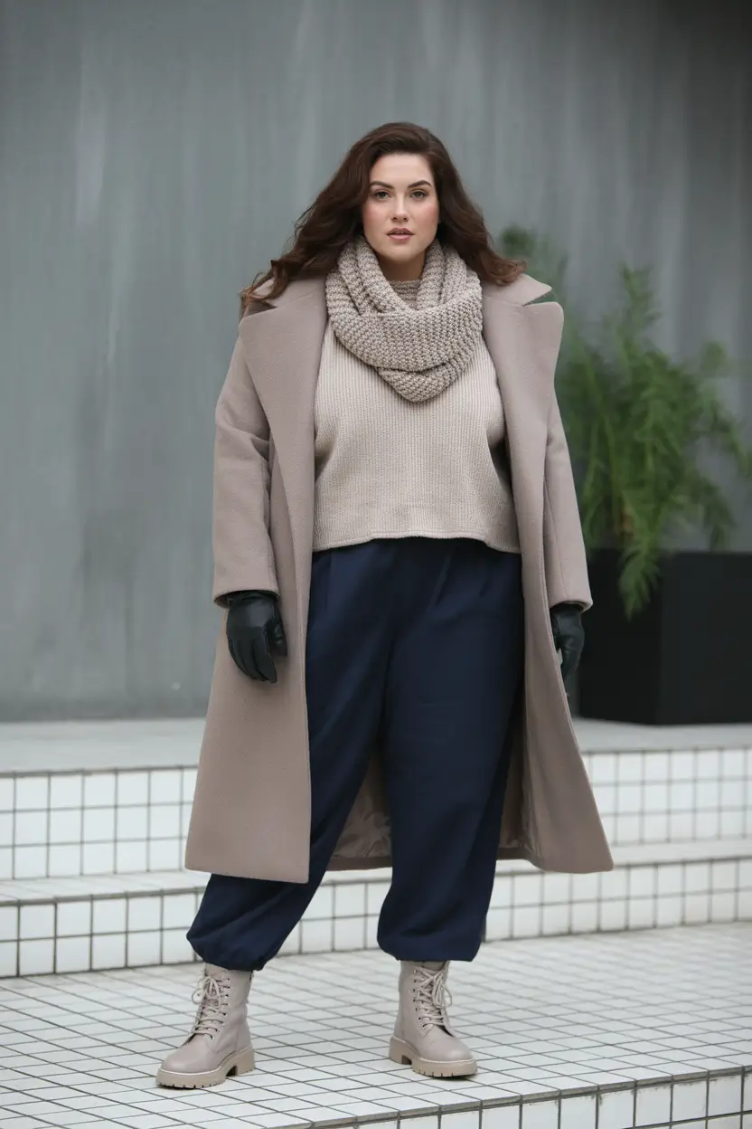 curvy winter outfits plus size neutral layers
