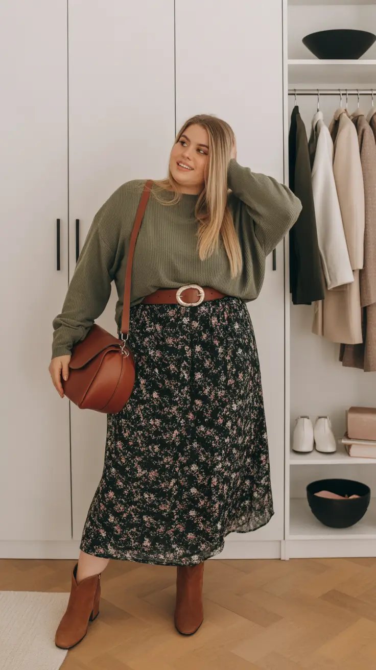 curvy winter outfits plus size floral skirt knit