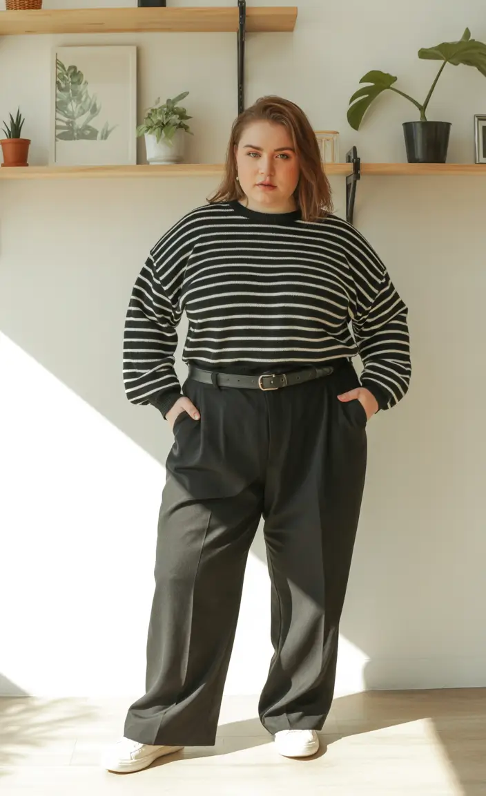 curvy winter outfits plus size striped tailoring