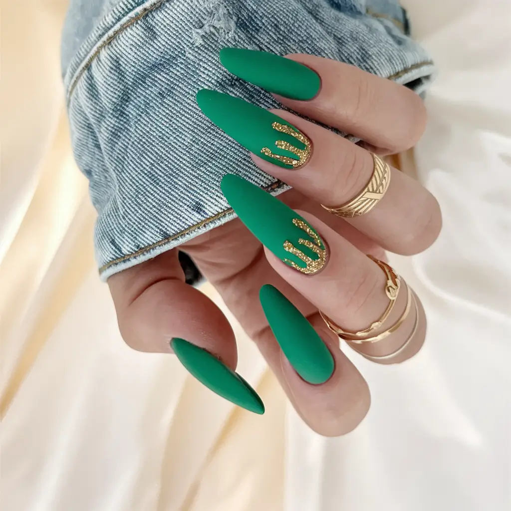 Fall Drip Nails Emerald Matte with Golden Accents