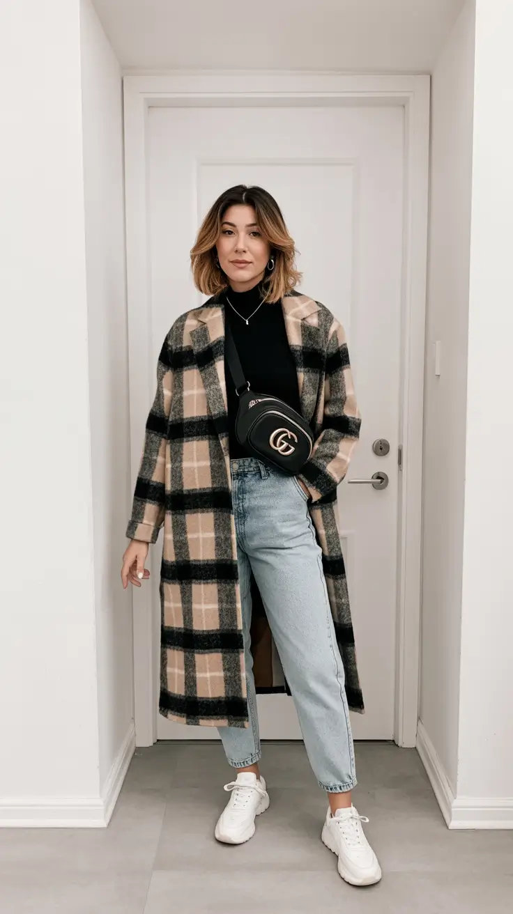 Elegant Plaid Coat with Relaxed Denim 2025 2026