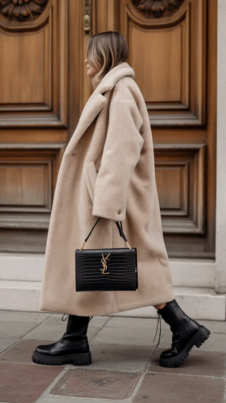 cozy winter outfits casual Neutral Elegance with a Teddy Coat