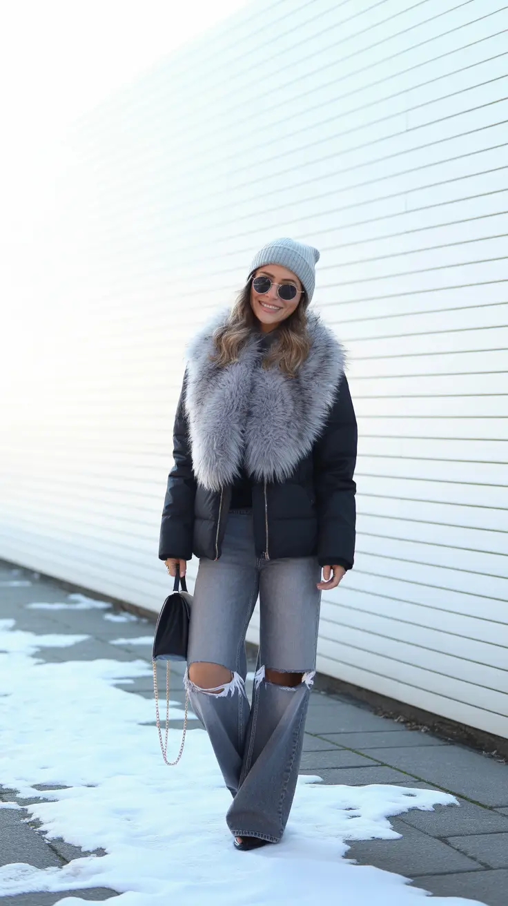 cozy winter outfits casual Gray Glam with Faux Fur