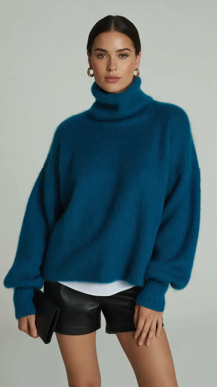cozy winter outfits for women Blue Knit with Leather Edge