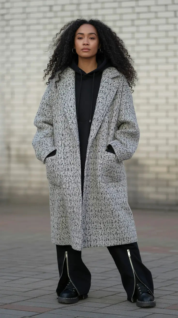 cozy winter outfits black women Gray Coat Black Base