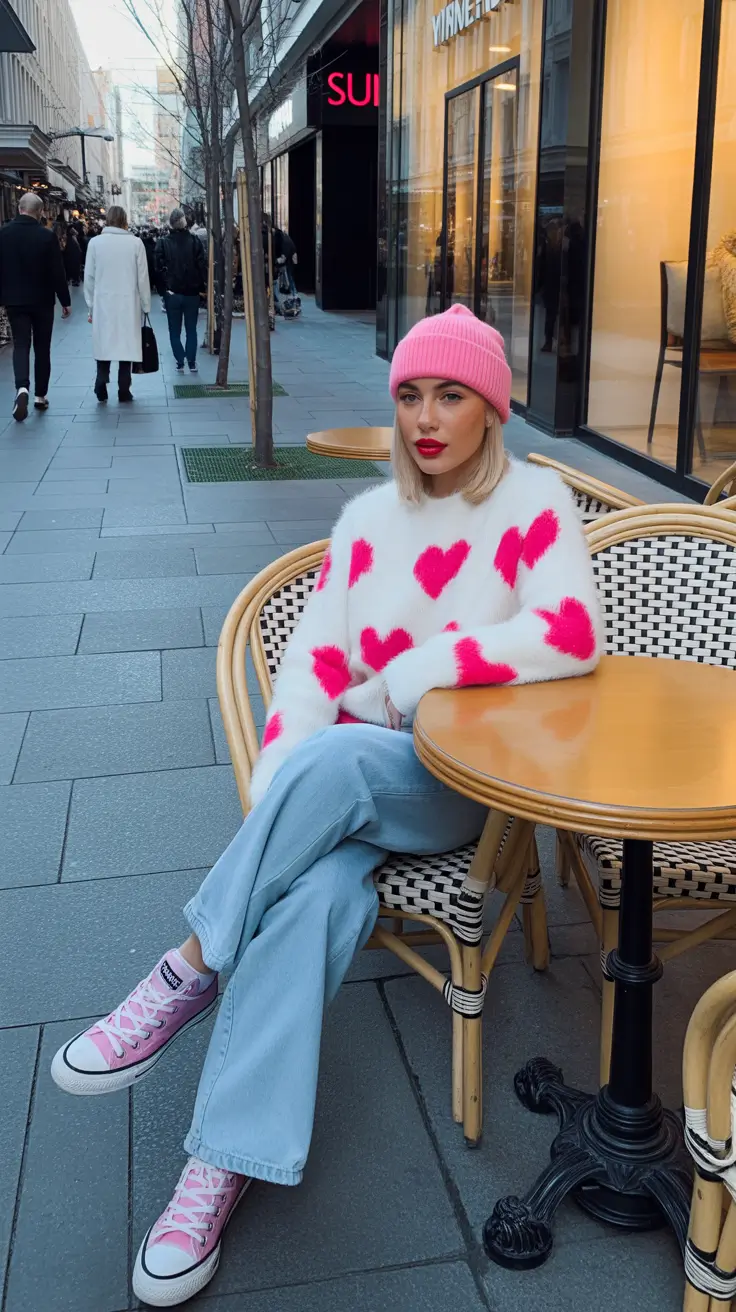 cozy winter outfits aesthetic Playful in Pink and Denim