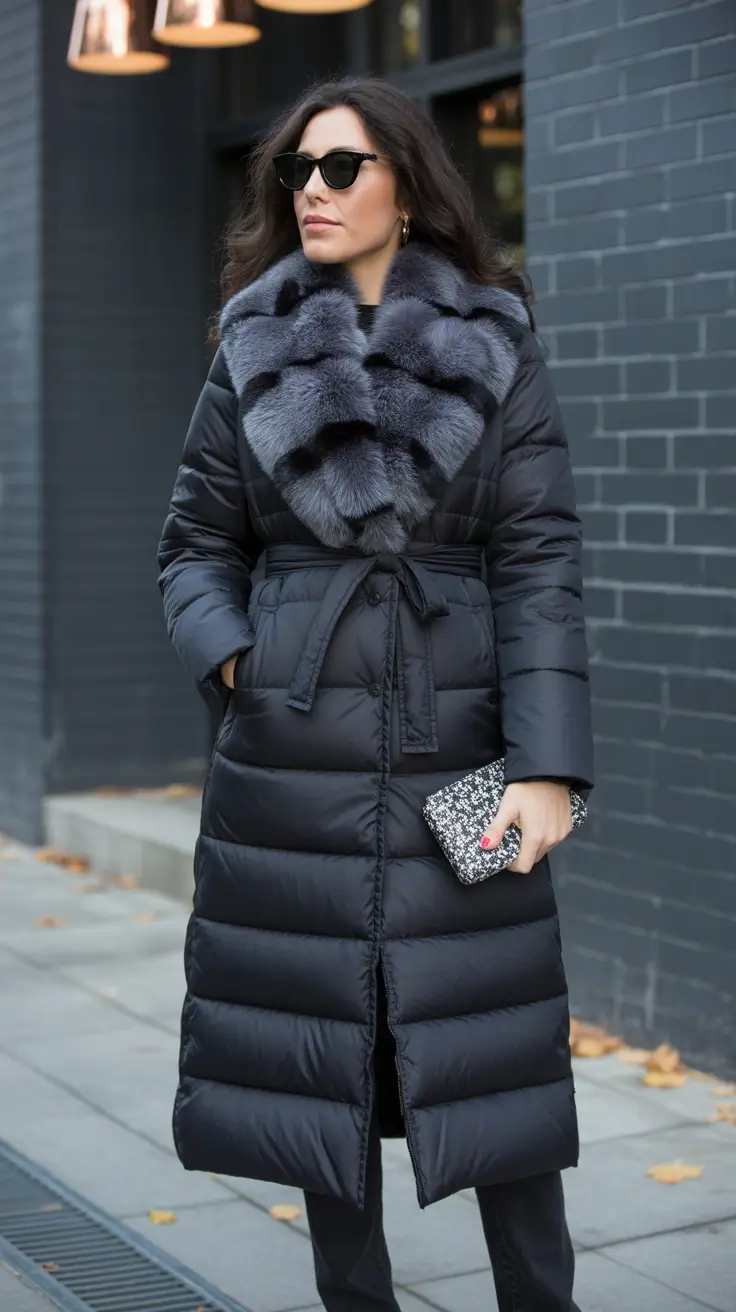 cozy winter outfits for women Black Puffer with Fur Drama