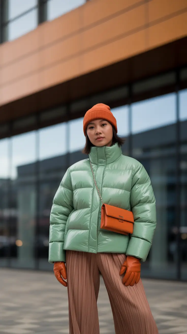 cozy winter outfits aesthetic Soft Green and Orange Accents