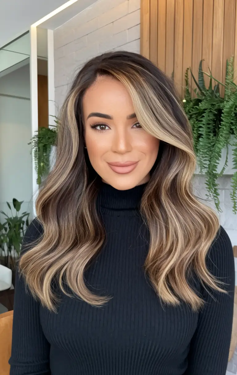 fall winter 2025 haircut Layered Brunette with Bold Face-Framing Highlights