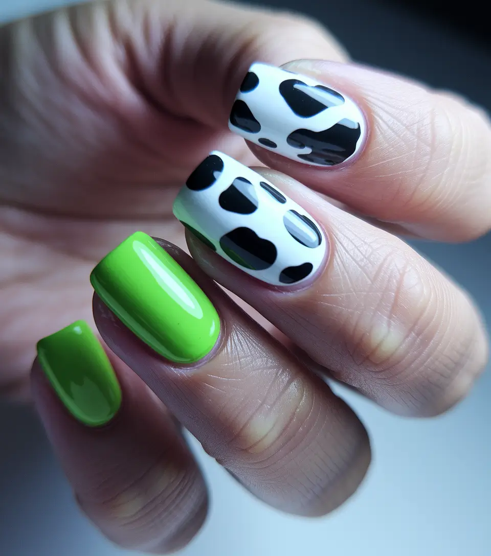 fall nails 2025 animal print Lime Green and Cow Spots