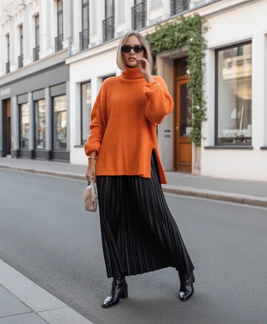 fall winter outfits 2025 Bold Knit With Skirt Sophistication