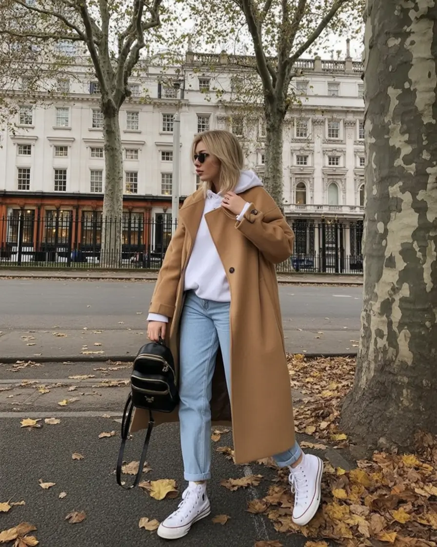 fall winter outfits 2025 Relaxed Hoodie and Camel Coat