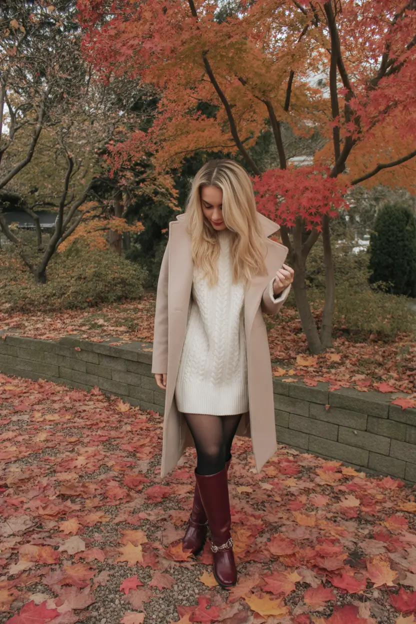 fall winter outfits 2025 Knit Dress and Burgundy Boots