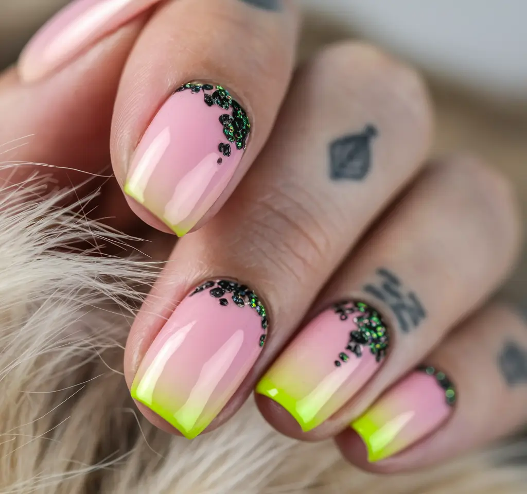 fall rhinestone nails Neon French with Dark Glitter Accents