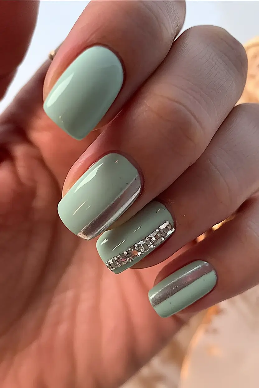 fall rhinestone nails Mint Metallic Chic