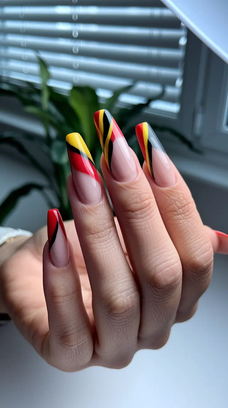 fall nails ideas geometric Red, Black, and Yellow Power Lines