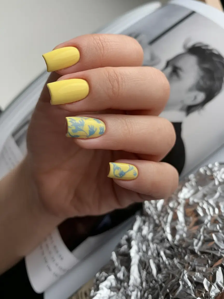 minimalist fall nails coffin Sunlit Yellow With Floral Detail