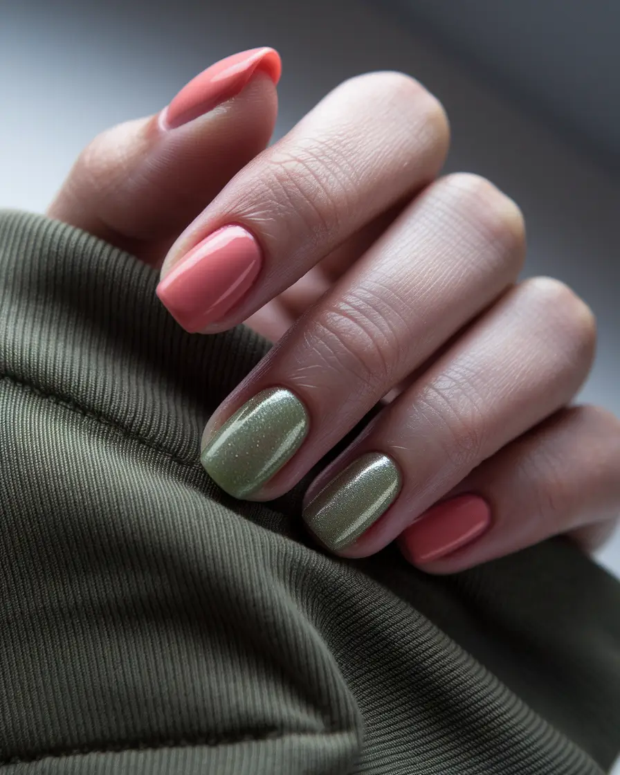 minimalist fall nails short square Peach and Olive Duo