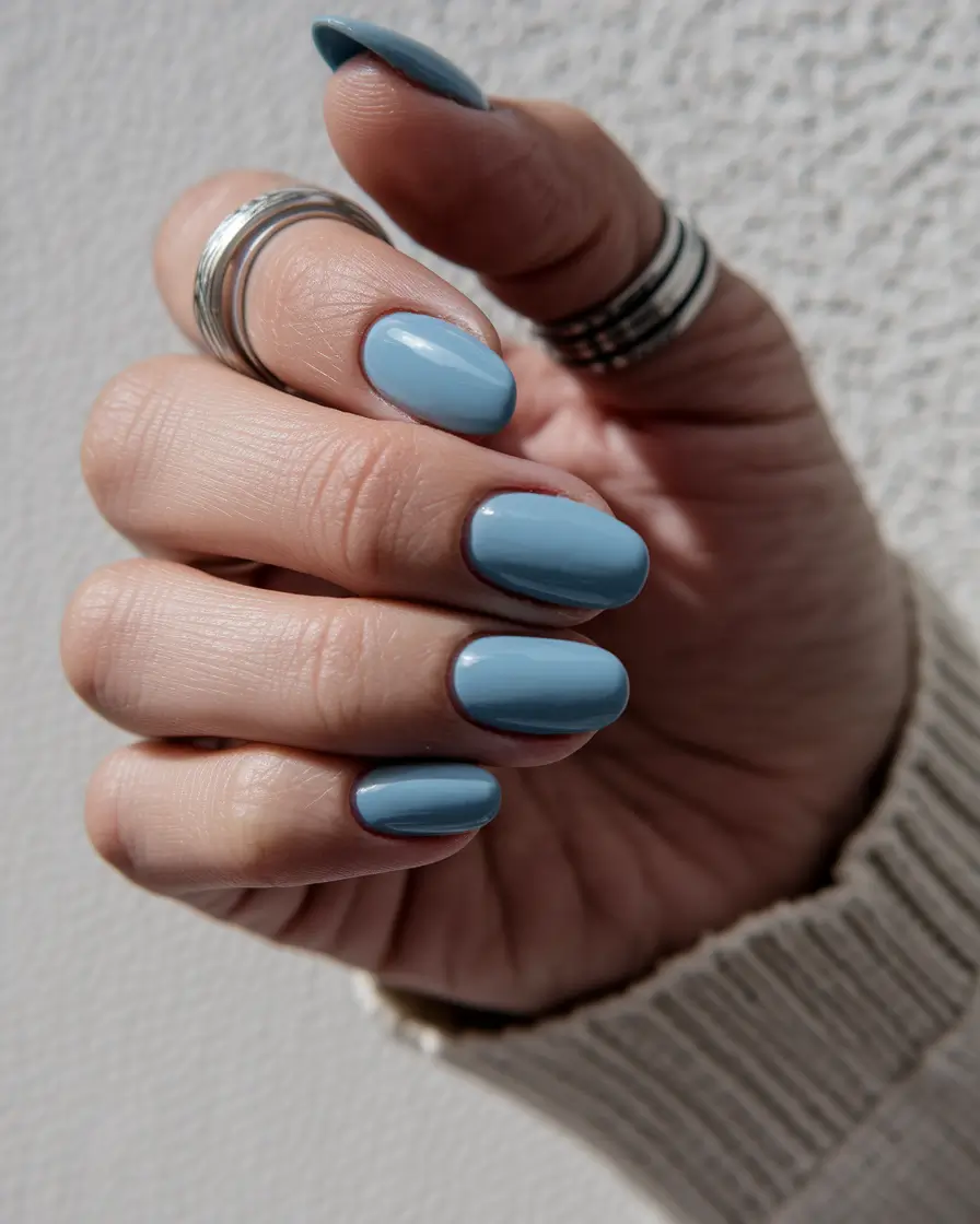 minimalist fall nails short almond Cloudy Sky Blue