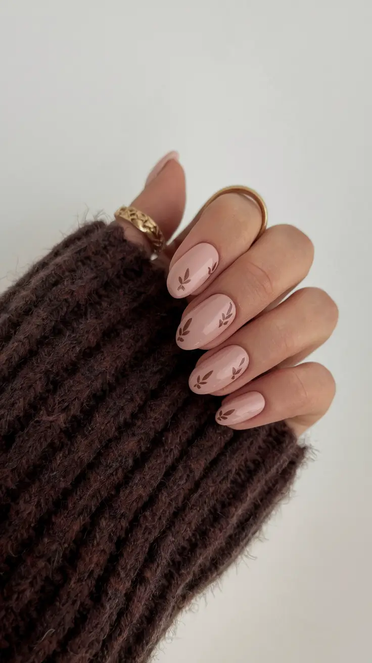 minimalist fall nails almond Soft Blush With Leaf Accents