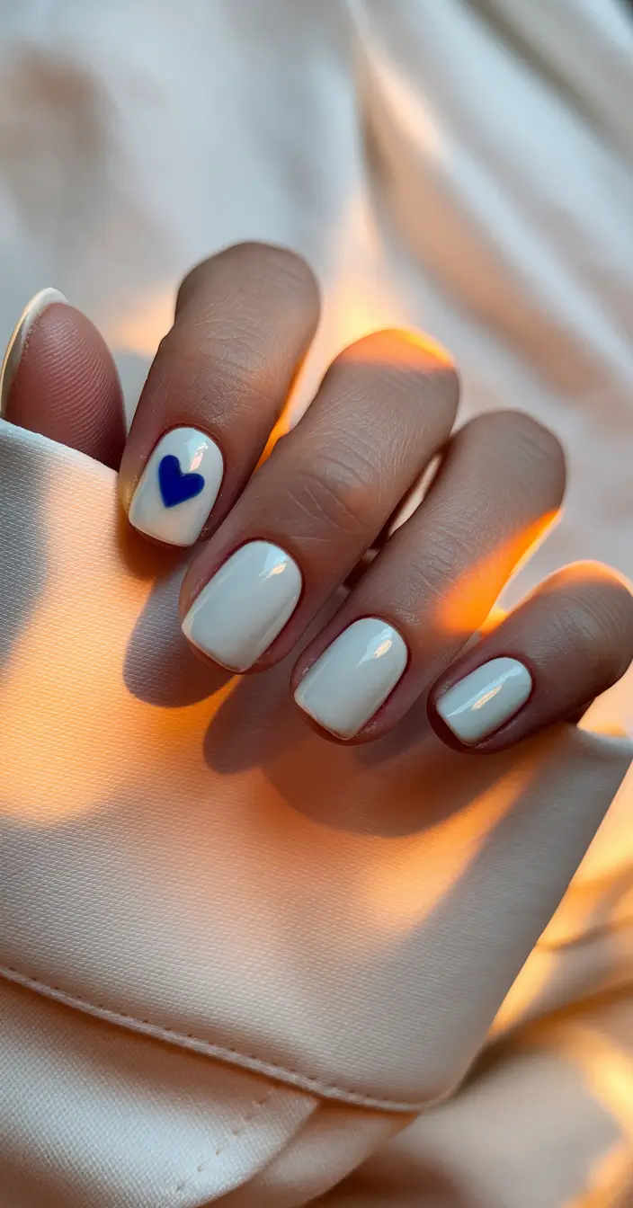 minimalist fall nails short White With a Blue Heart