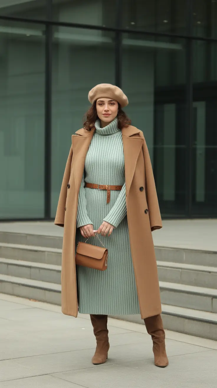 Stylish Winter Office Outfits Inspiration 2025 - Parisian Warmth in Camel and Sage