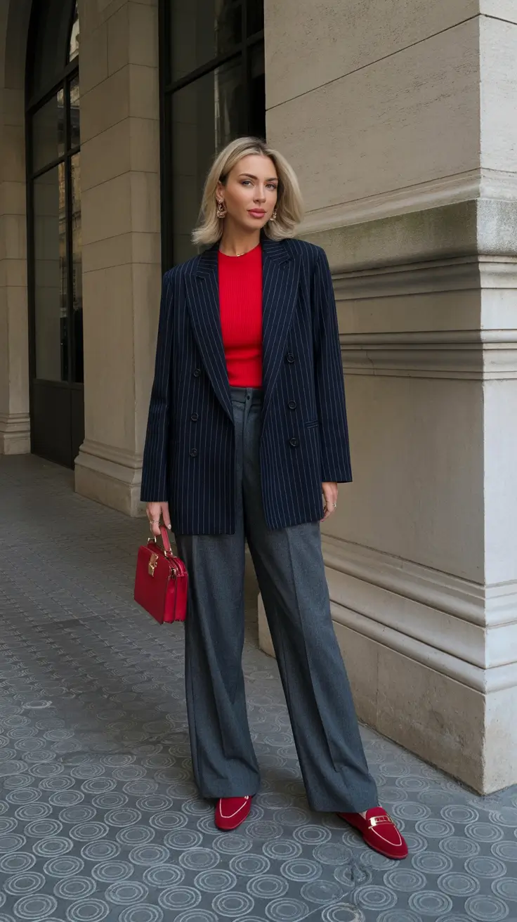 Stylish Winter Office Outfits Inspiration 2025 - Pinstripes with a Pop of Red