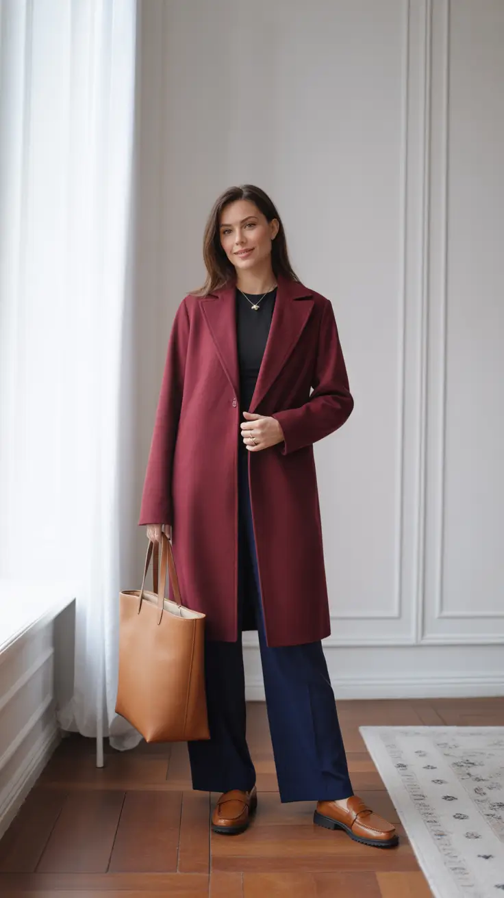 Stylish Winter Office Outfits Inspiration 2025 - Minimal Chic in Wine and Navy