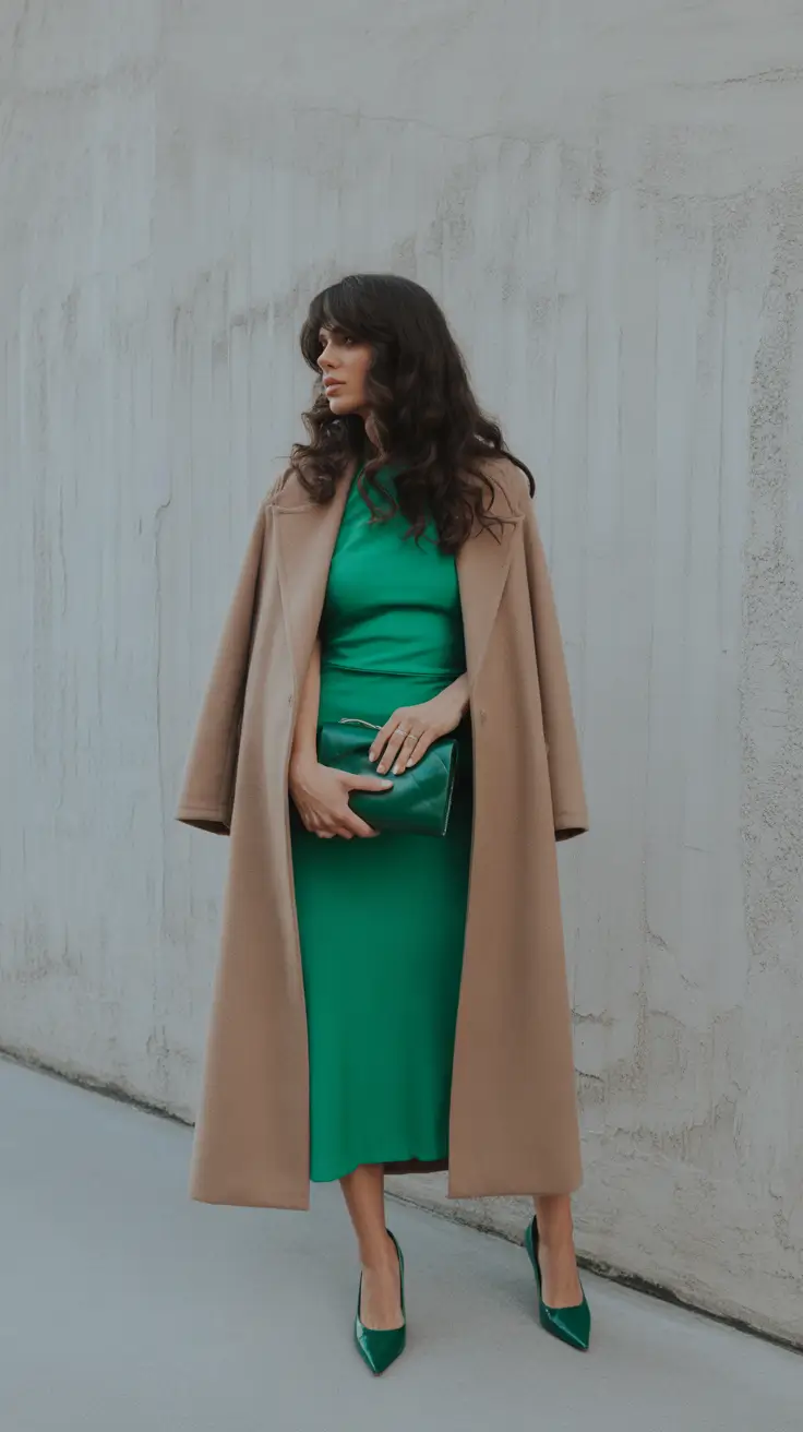 Stylish Winter Office Outfits Inspiration 2025 - Emerald Elegance with Camel Layers