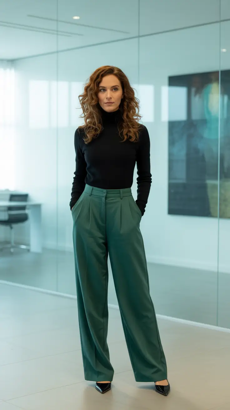 Stylish Winter Office Outfits Inspiration 2025 - Streamlined Power in Green Trousers