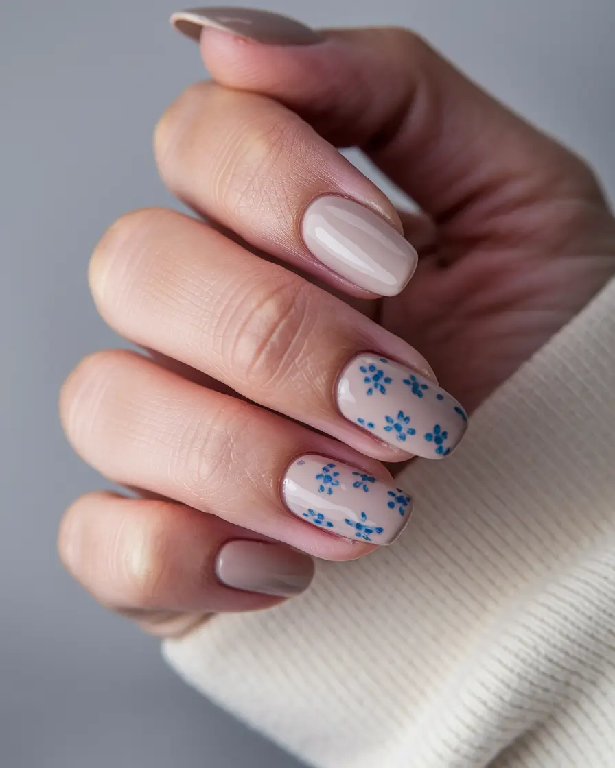 subtle fall nails short almond Delicate Blue Florals