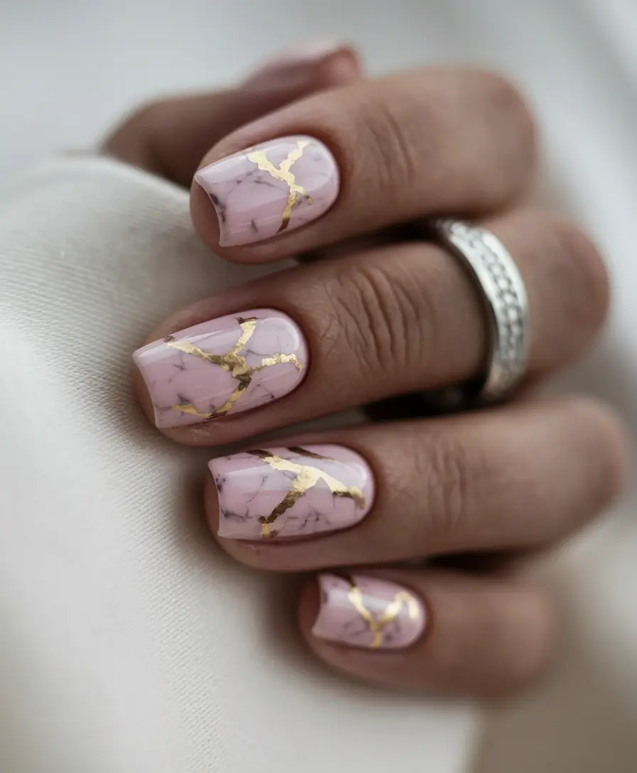 subtle fall nails short Kintsugi-Inspired Marble