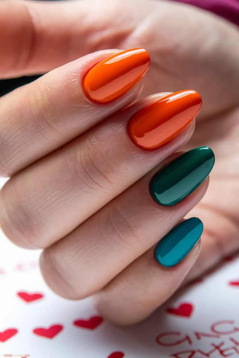 october nails colors Vibrant Orange & Teal Duo