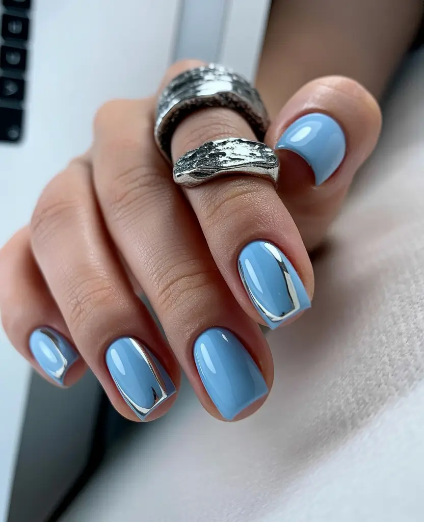 fall/winter nails color Ice Blue with Metallic Edge