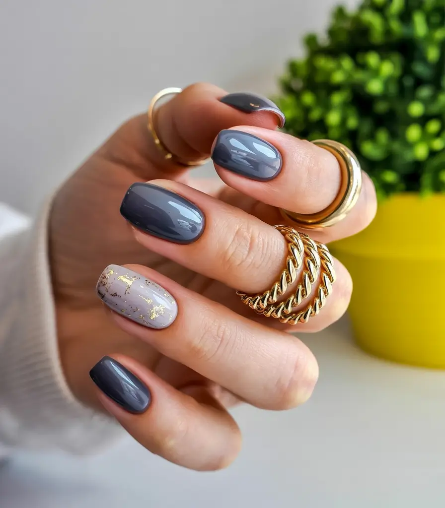 fall/winter nails color Charcoal with Gold Accent