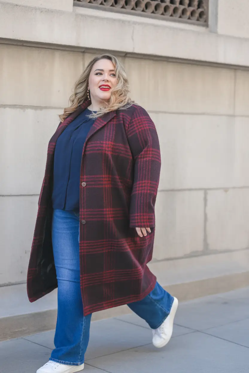 plus size winter outfits cold weather Plaid Layers with Playful Energy