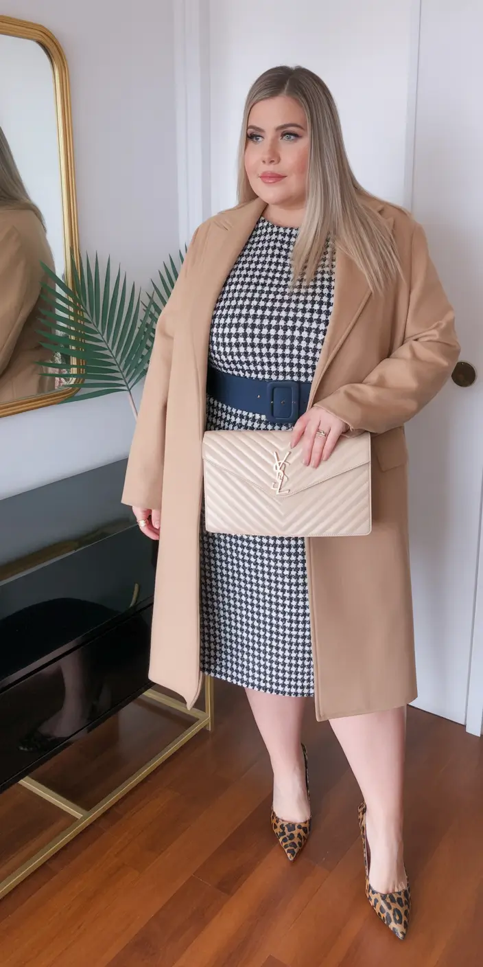 plus size winter outfits cold weather Sharp Houndstooth and Camel Layers