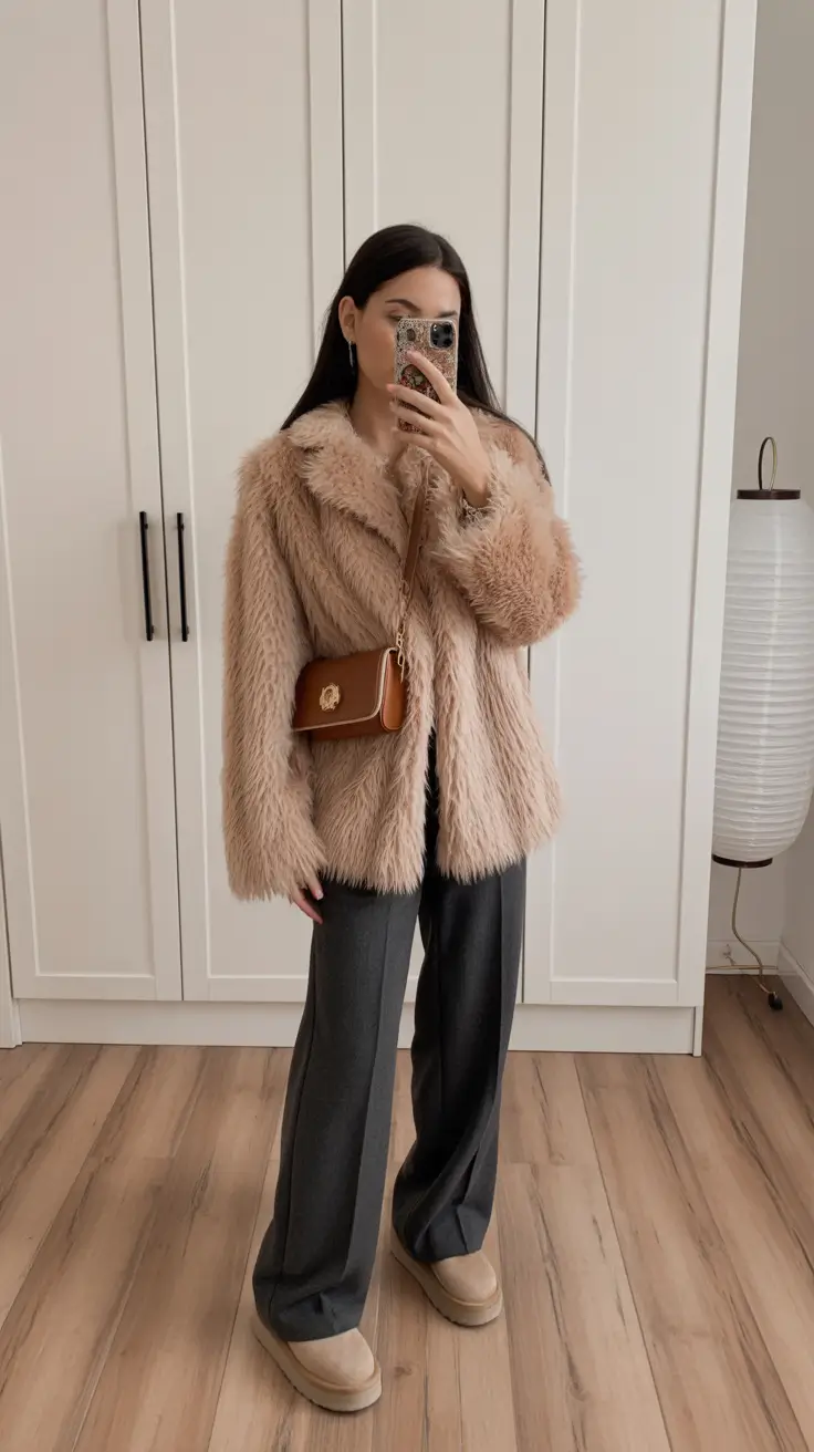 uggs outfit winter Faux Fur Glam Meets Wide Leg Jeans