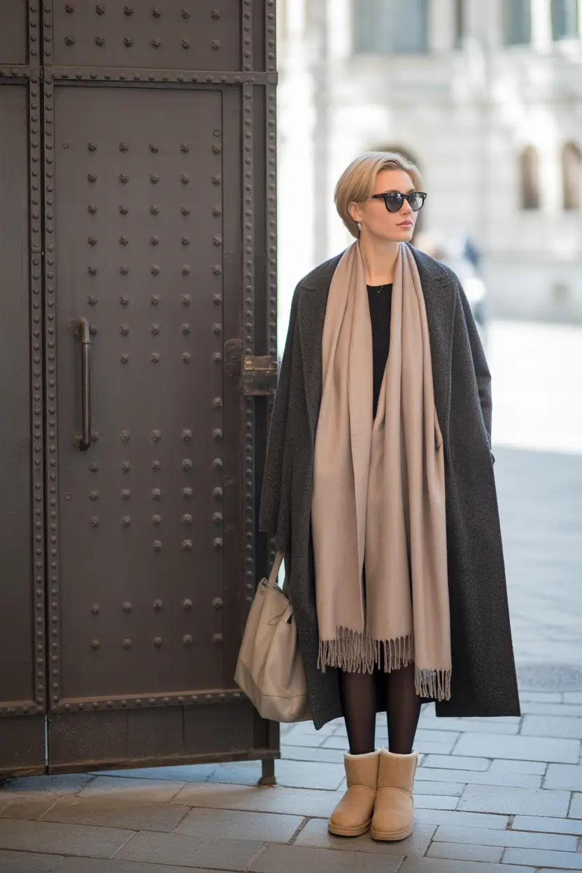 uggs outfit winter Classic Chic with Neutral Scarf Layers