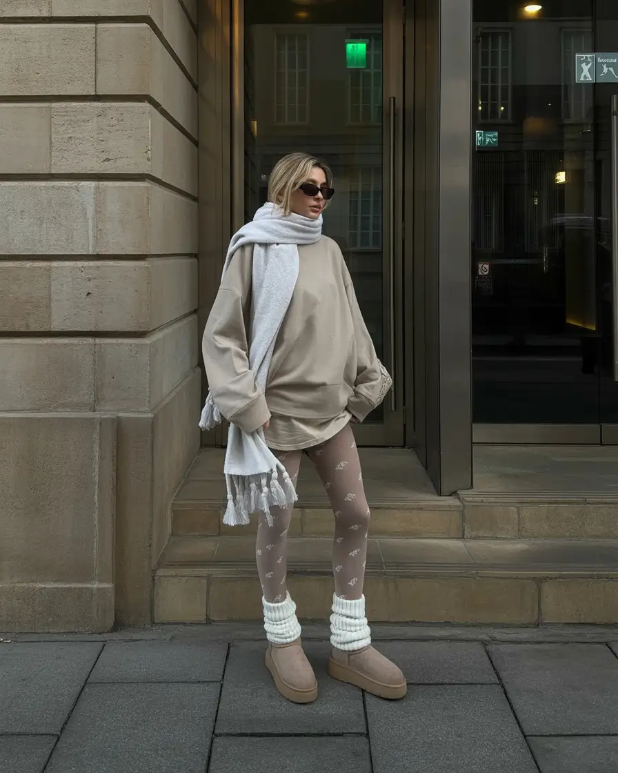 uggs outfit winter Oversized Beige with Playful Legwear