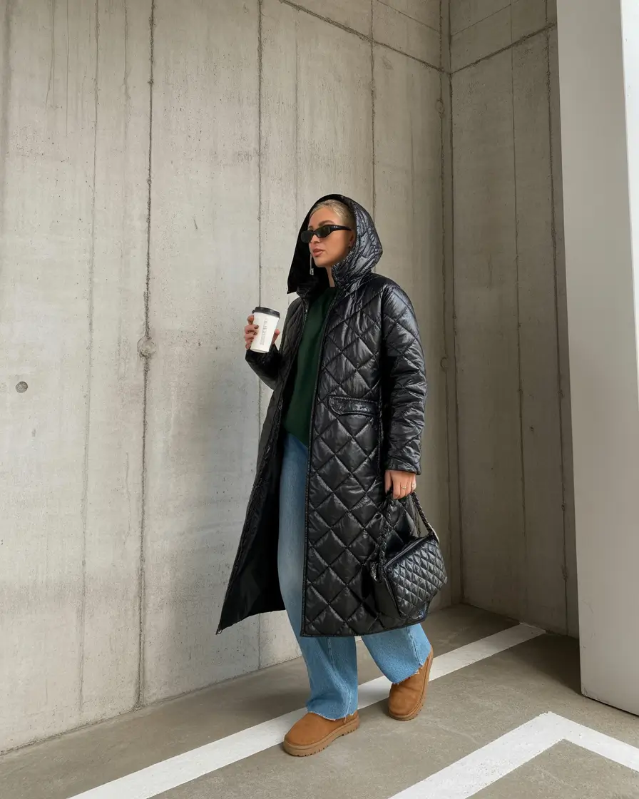 uggs outfit winter Quilted Coat and Wide-Leg Jeans Balance