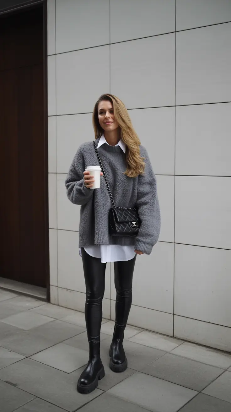 Winter 2025 2026 Layered Grey with Leather Leggings