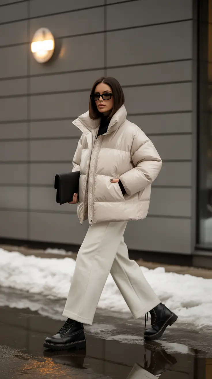 Winter 2025 2026 Minimalist Cream Puffer with Combat Boots