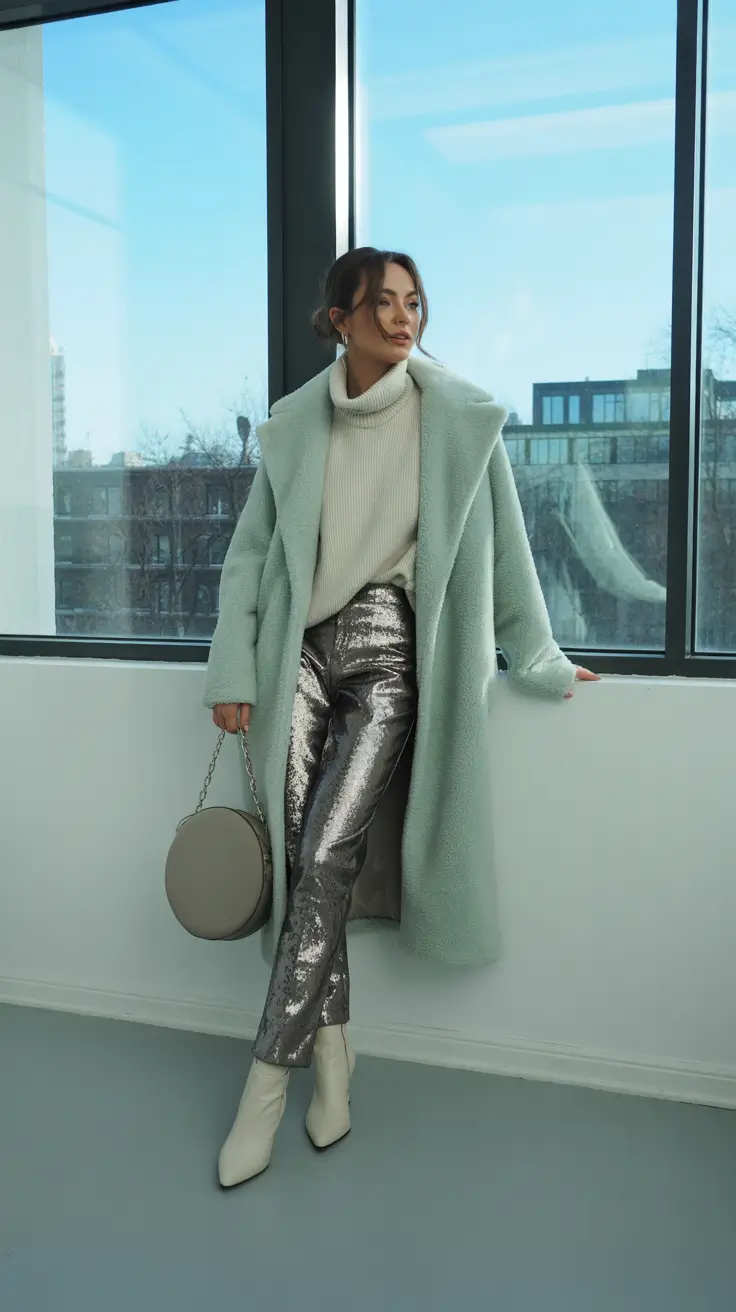 Winter 2025 2026 Mint Coat and Shimmer Trousers