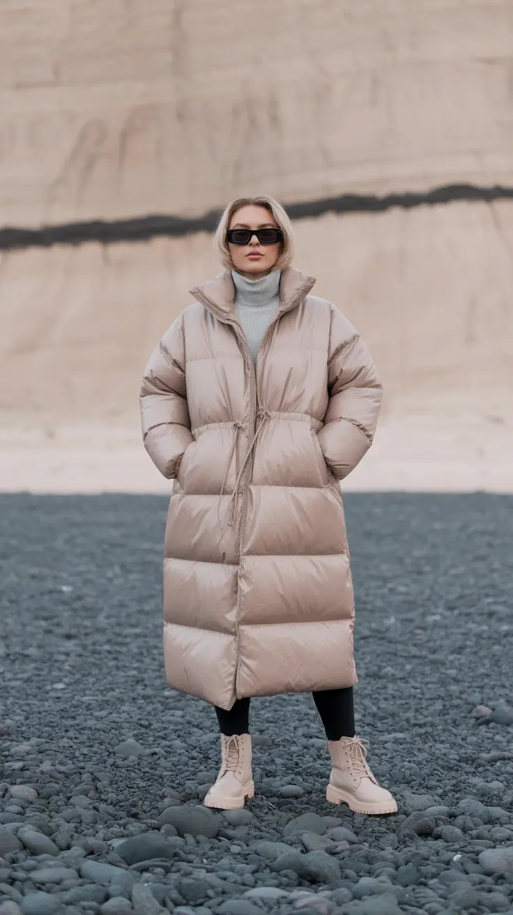 Winter 2025 2026 Longline Puffer in Neutral Beige