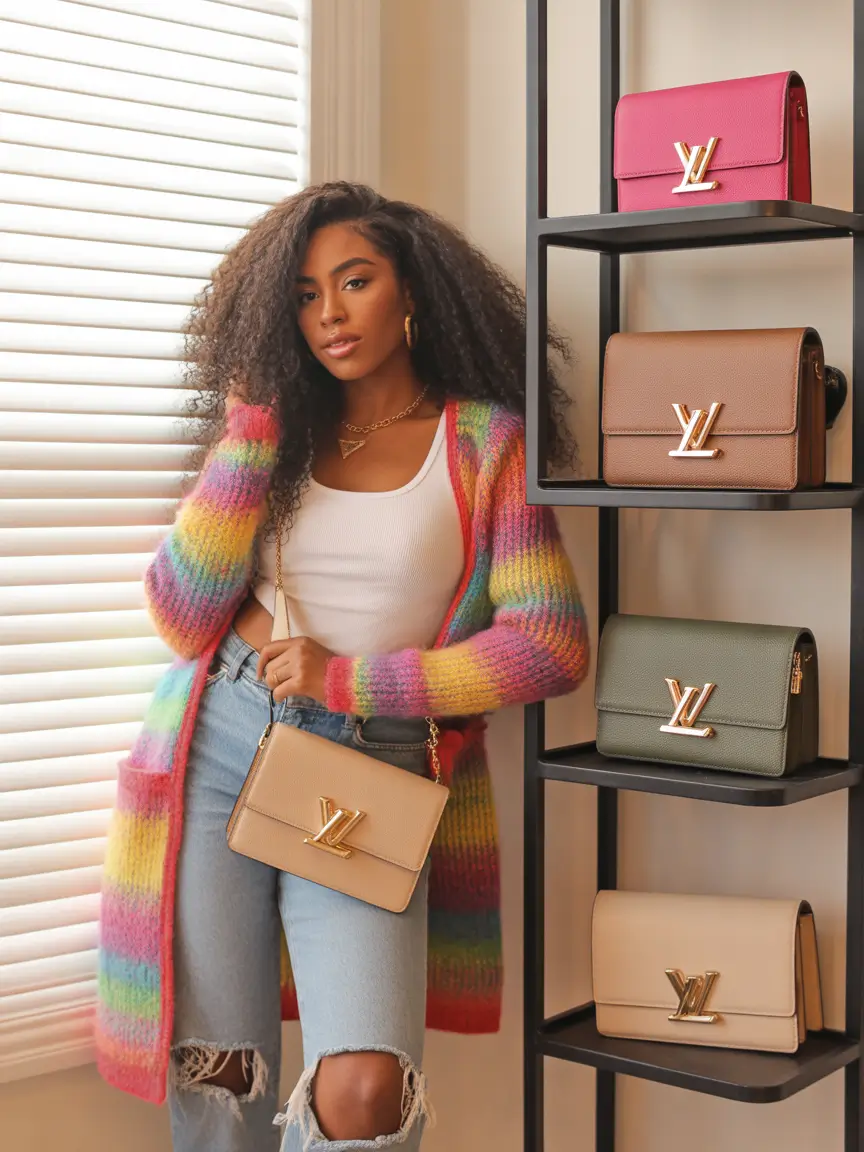 black soft girl winter outfits Rainbow Cardigan Joy