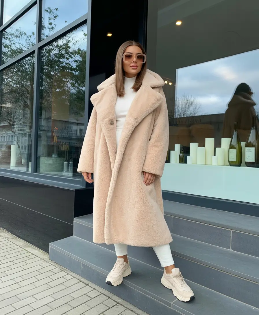 winter outfits inspiration beige teddy coat