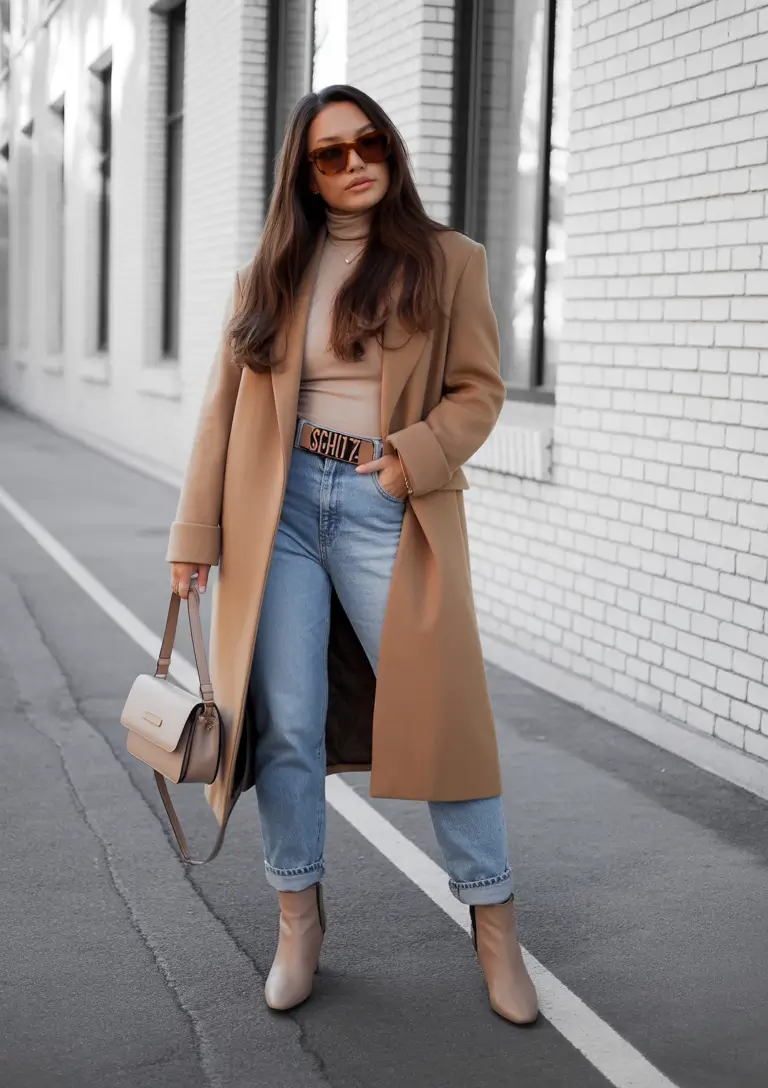 winter outfits inspiration camel coat denim