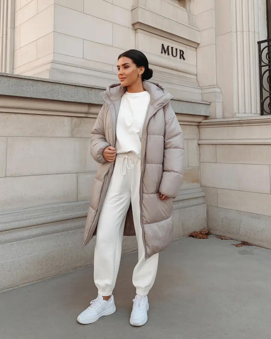 winter outfits inspiration sporty puffer white